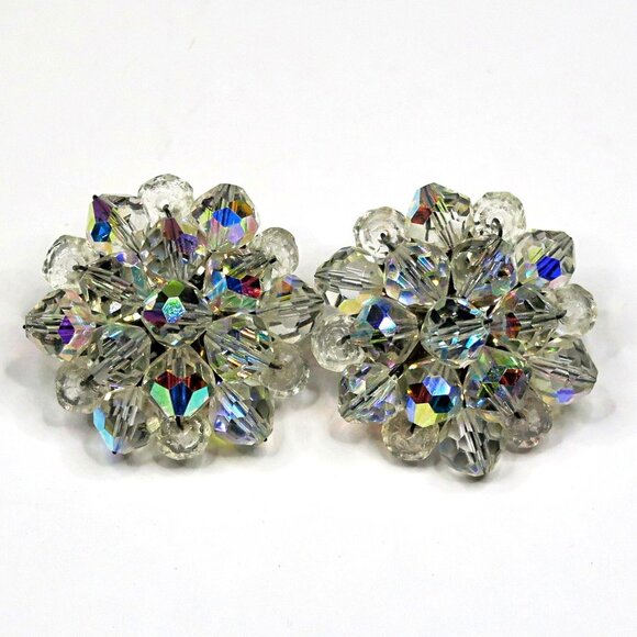 Vintage Aurora Borealis Clip-On Earrings Mid-Century Crystal Cluster 1" - Picture 1 of 5
